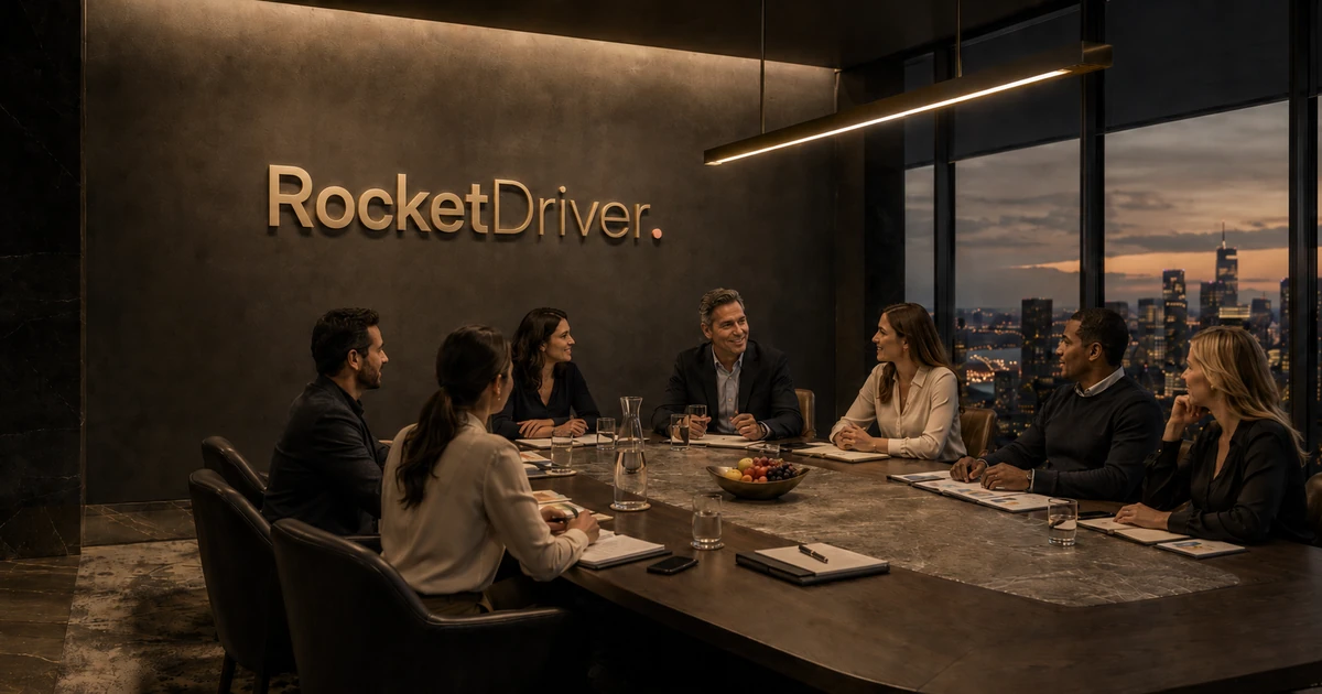 Team meeting in a RocketDriver boardroom with backlit wall signage
